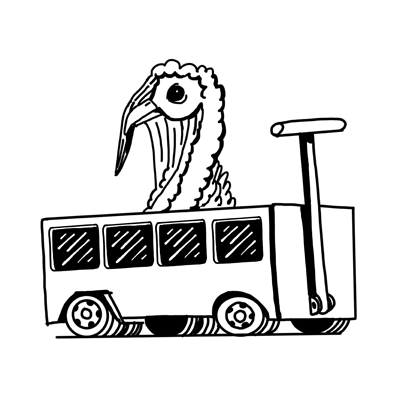 Ilustración en blanco y negro de bus con cuatro ventanas y un mango al comienzo para tirarlo. Sobre él, la cabeza de un pavo